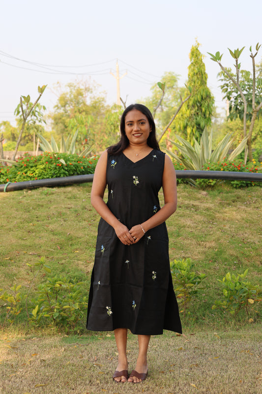 Black Embroidered Sleeveless Cotton Dress
