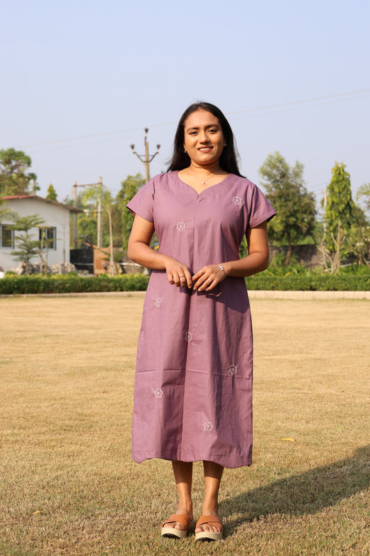 Lilac Flower Embroidered Cotton Dress