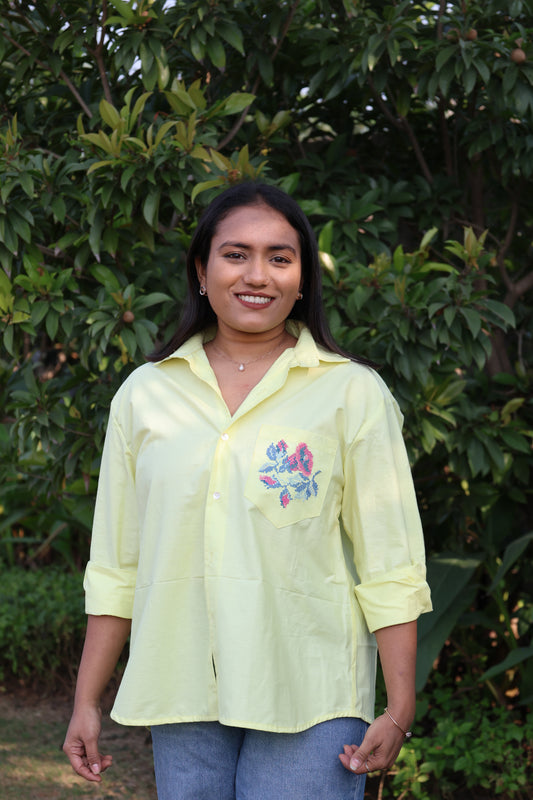 Butter Yellow Embroidered Pocket Cotton Shirt