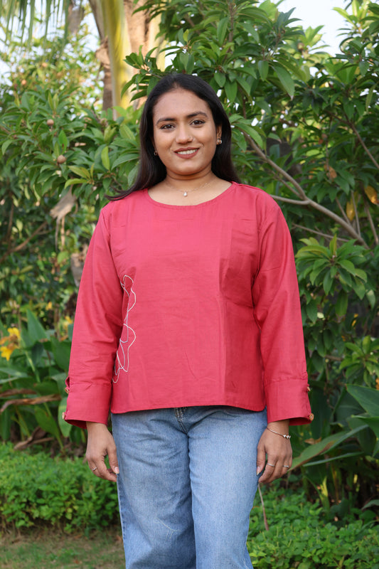 Dark Pink Embroidered Cotton Top