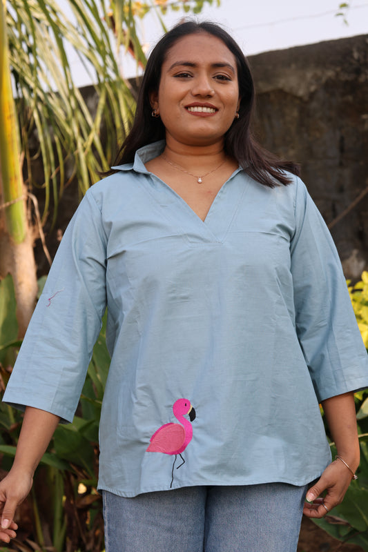 Sky Blue Flamingo Cotton Top