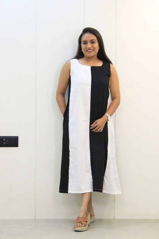 Madhubala – Black & White Colorblock Cotton Dress