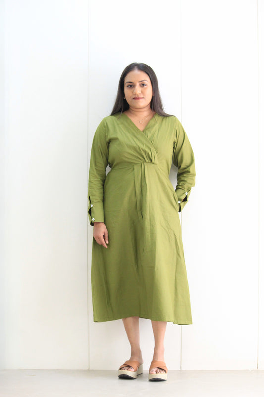 Vedika – Mehndi Green Solid Cotton Dress