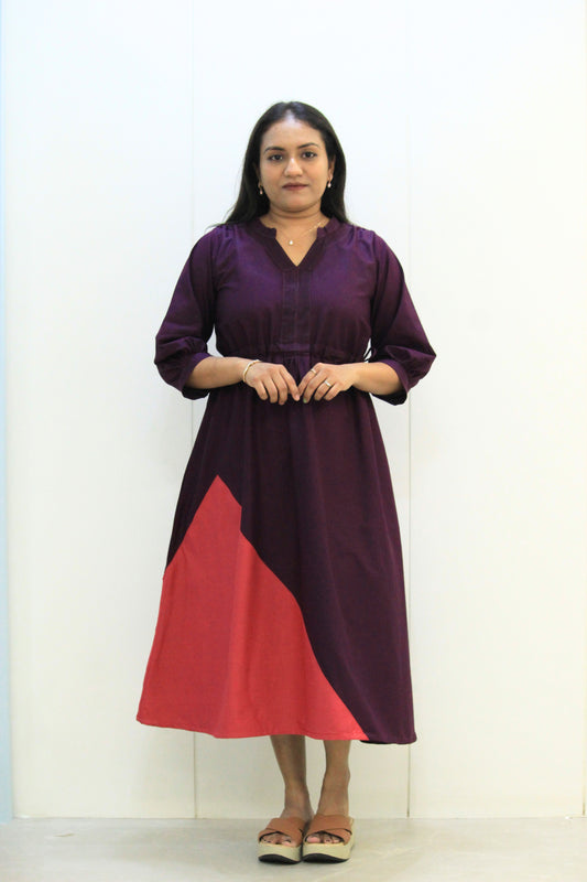 Yashna – Wine & Coral Pink Colorblock Cotton Dress
