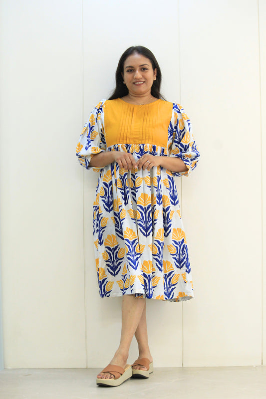 Kanika – Yellow Yoke Floral Printed Cotton Dress