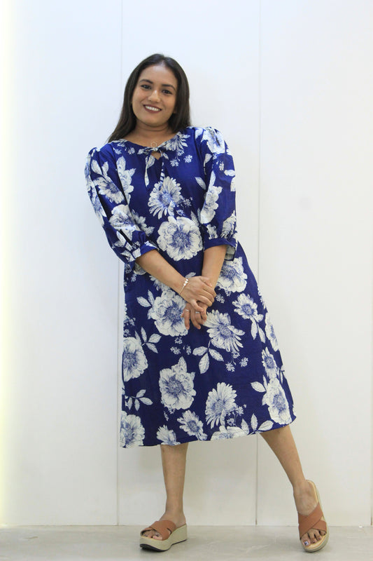 Naina – Blue Floral Cotton Dress with Balloon Sleeves