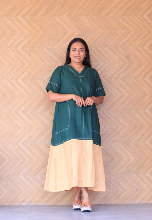 Prakruti – Green & Beige Colour Block Cotton Dress