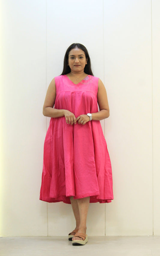 Pankhuri - Pink Embroidered Flared Cotton Dress