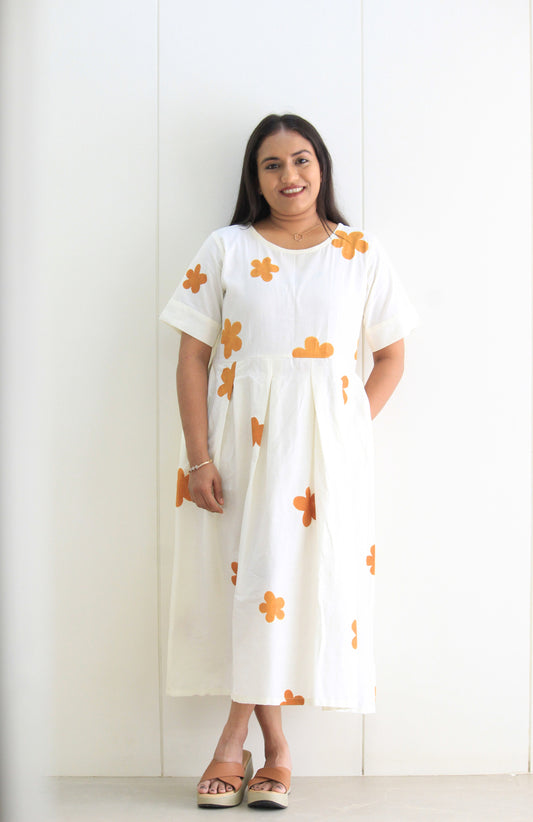 Anaya – White & Marigold Floral Hand Printed Cotton Dress