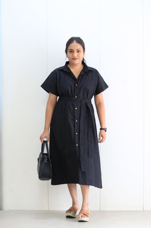 Swara – Classic Black Shirt Dress with Belt