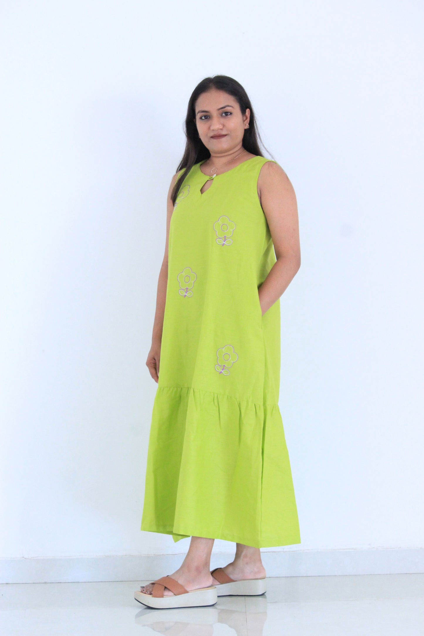 Myra – Lime Green Floral Embroidered Cotton Dress
