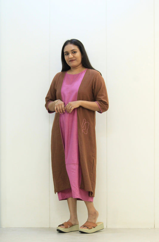 Kavya – Pink & Brown Shrug Cotton Dress