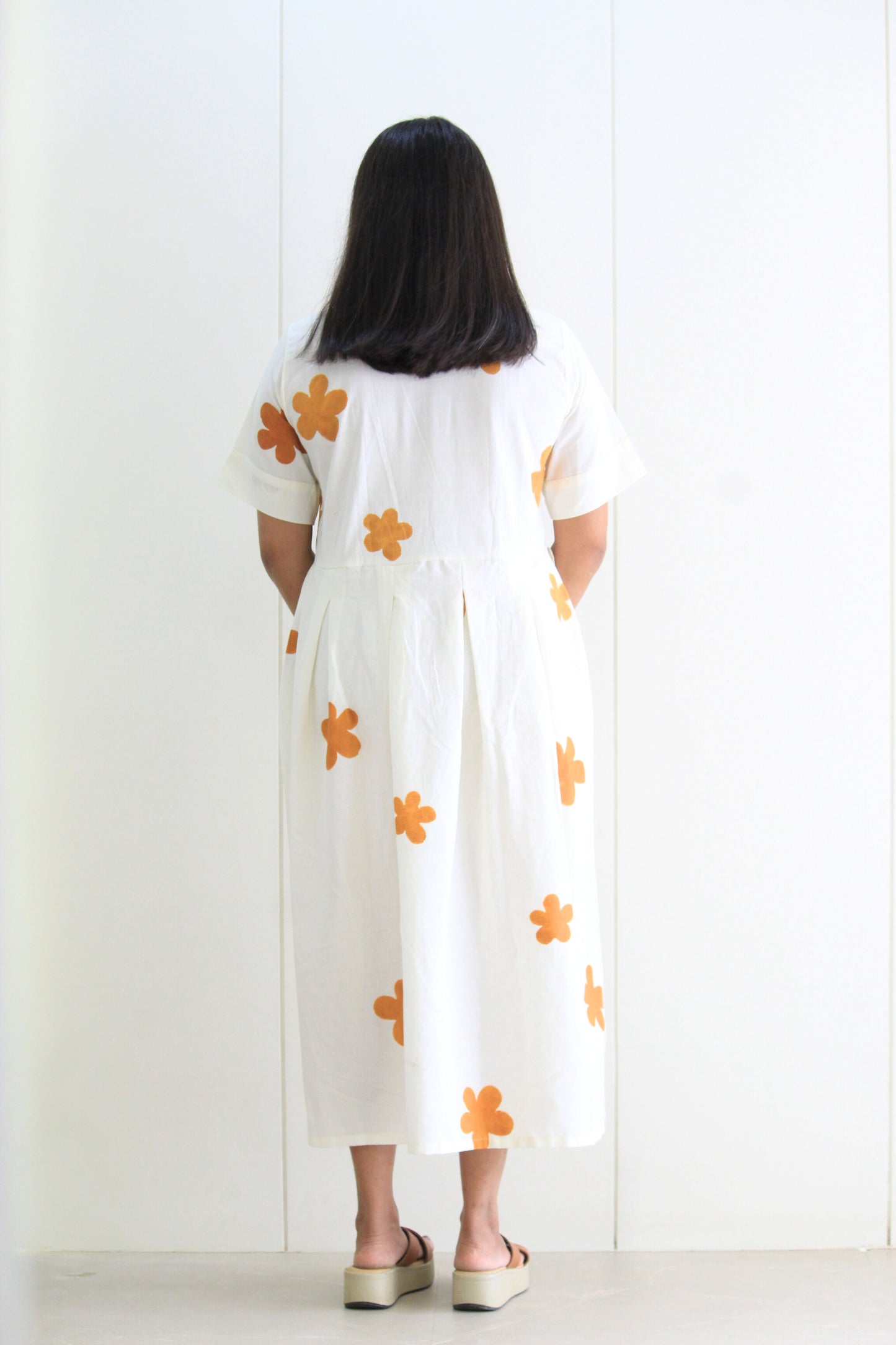 Anaya – White & Marigold Floral Hand Printed Cotton Dress